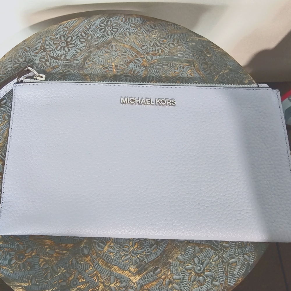 Michael Kors Pebbled Leather large Wristlet Wallet-Pale Blue